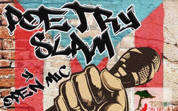 Poetry Slam flyer with Puerto Rican flag and a microphone.