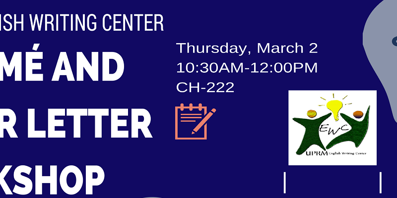 Announcement of the Resume and Cover Letter Workshop.