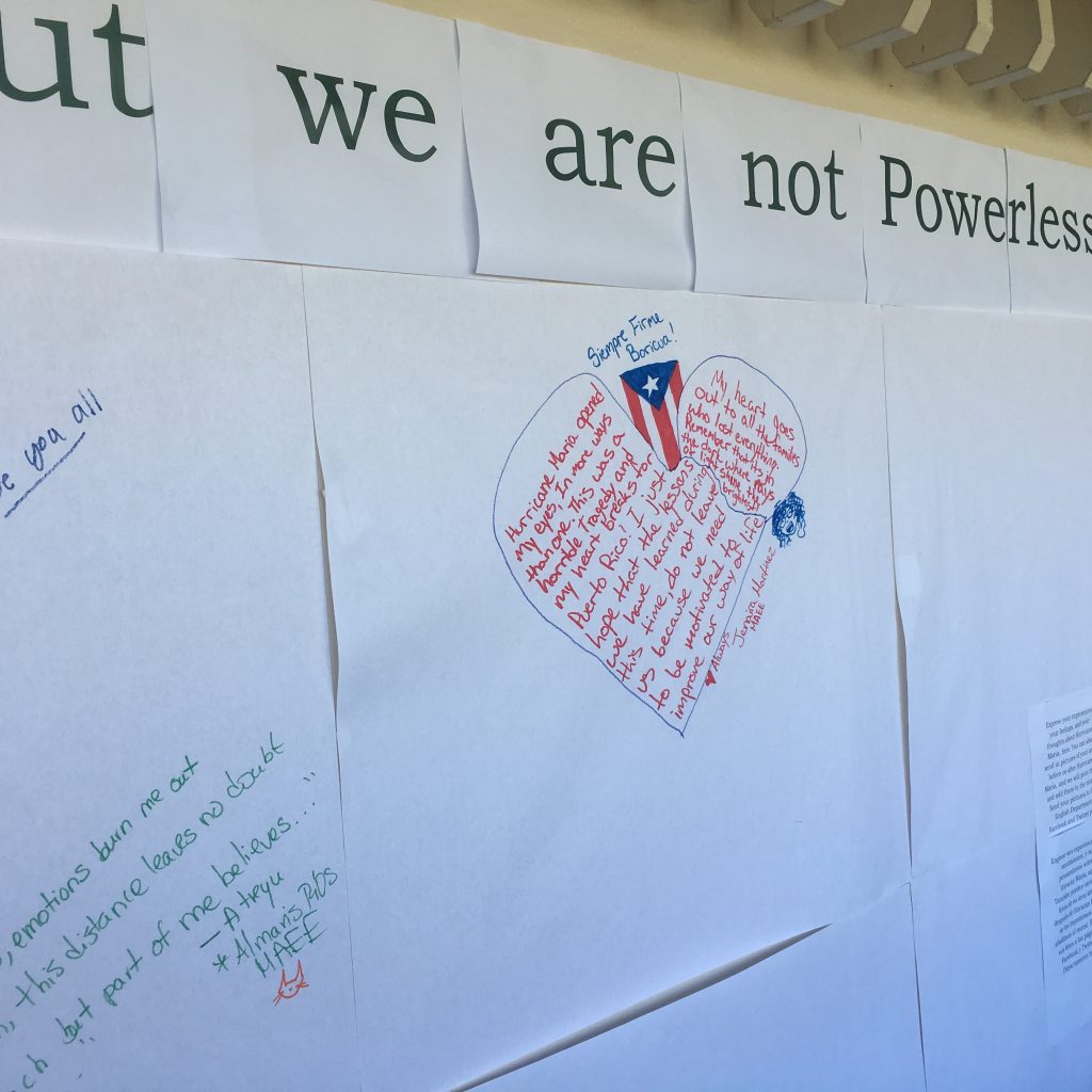 The making of Post-Hurricane Maria wall in front of the English Department.