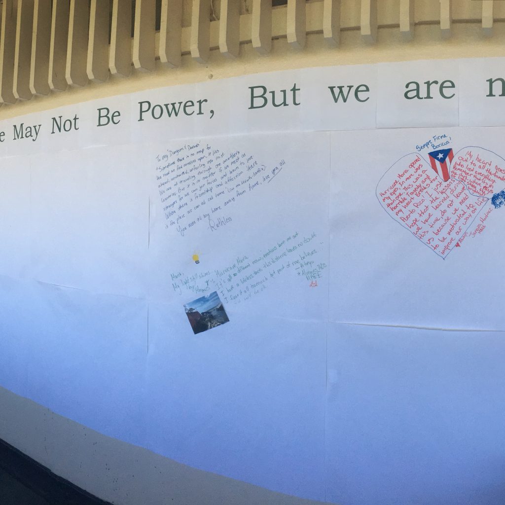 First messages and images on the Post-Hurricane Maria wall in front of the English Department.