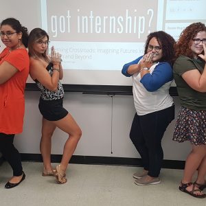 English department's students Ana Romanach, Amanda Ciani, Andrea Valdés and Keysalis Fermín at the Interning Crossroads activity.