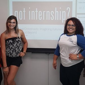 English department's students Amanda Ciani and Keysalis Fermín at the Interning Crossroads activity.