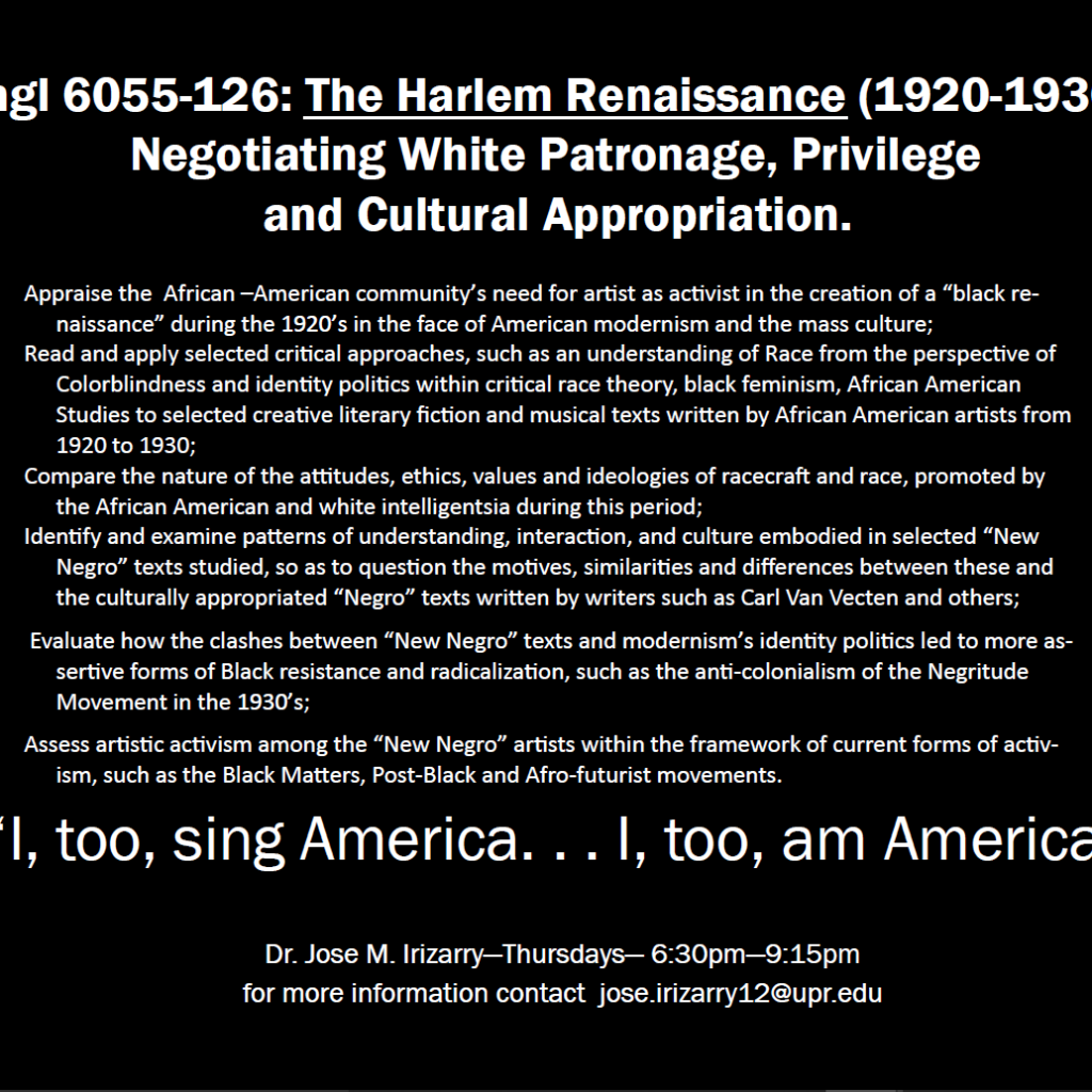 Description of the English course INGL 6055: The Harlem Renaissance.