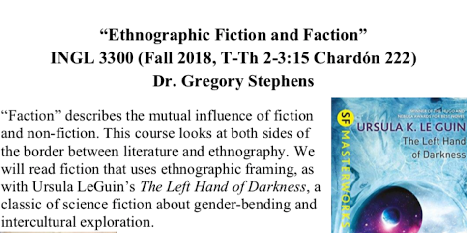3300featured Promotion of the course INGL 3300: Ethnographic Fiction and Faction.