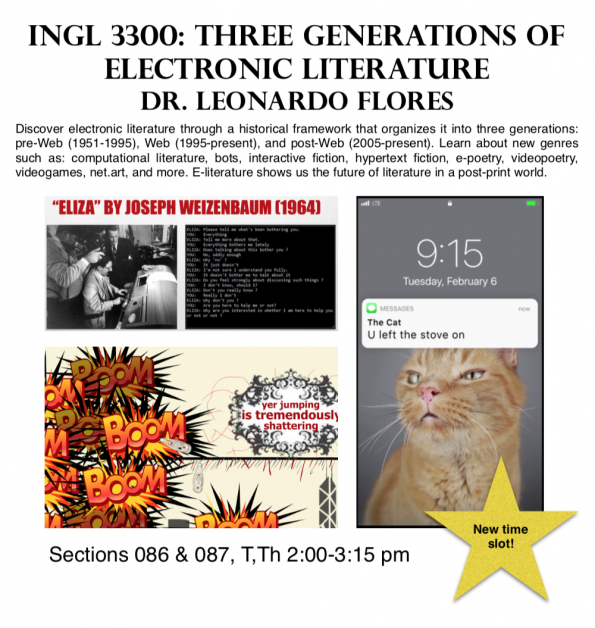 Flyer text: INGL 3300: Three Generations of Electronic Literature