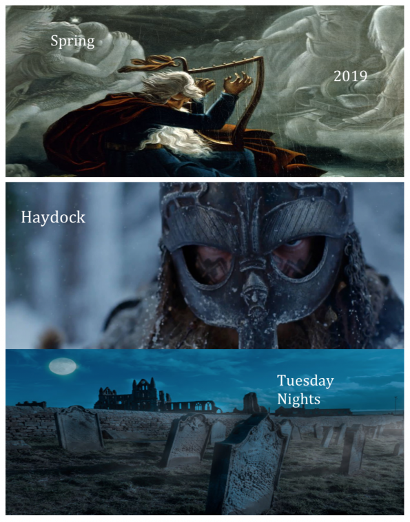 INGL 6479 poster with three images, one of a man playing a lyre one of a man in armor and one of a cemetery