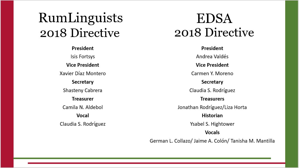 Names of the 2018 RumLinguists and EDSA Directives listed.