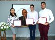 Desde la izquierda, Patricia Romero, Miguel Ángel De Jesús y Alexis Burgos, los nuevos becados Calderón Colón. Foto Carlos Díaz/Prensa RUM