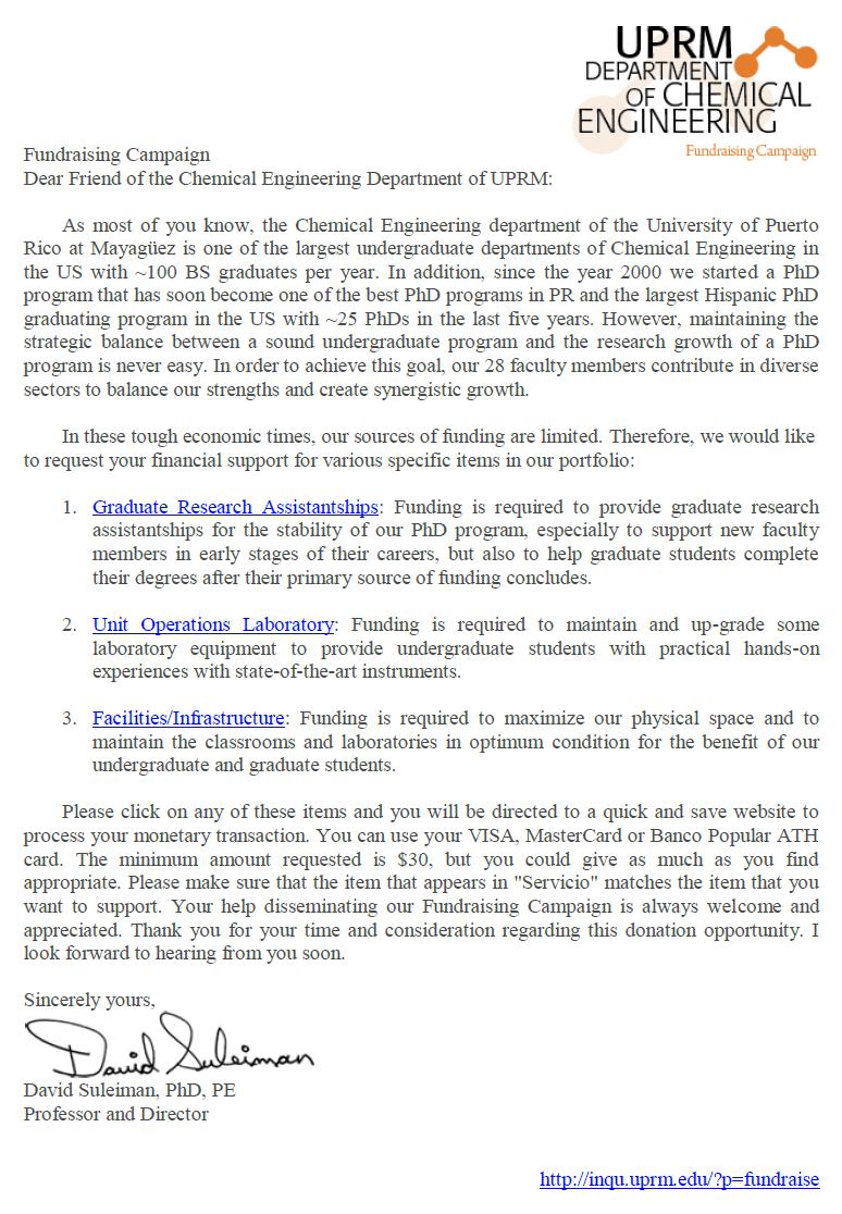 Fundraising Campaign of the Chemical Engineering Department (UPRM)