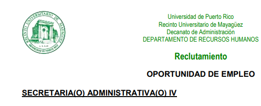 Oportunidad de Empleo Secretaria(o) Administrativa(o) IV