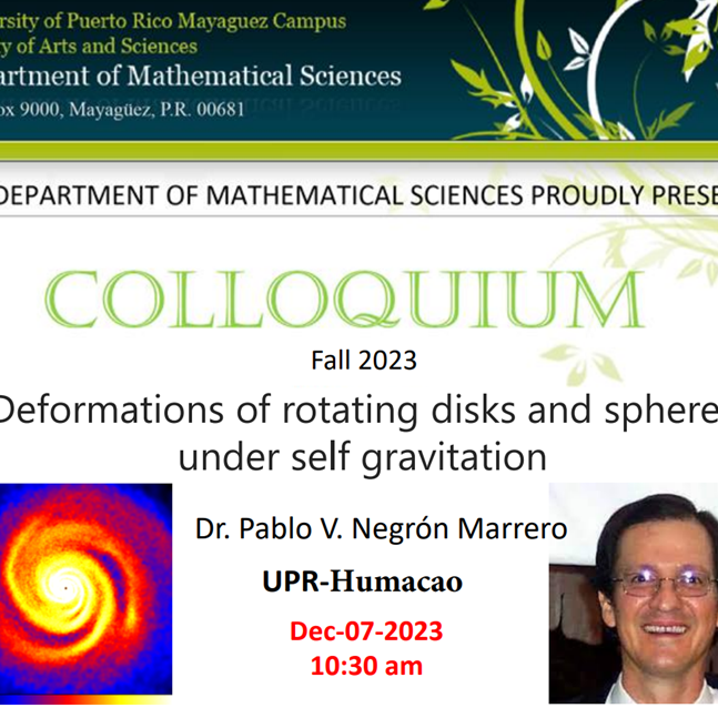 coloquioDrNegronDec2023 Cartel charla "Deformations of rotating disks and spheres under self gravitation"