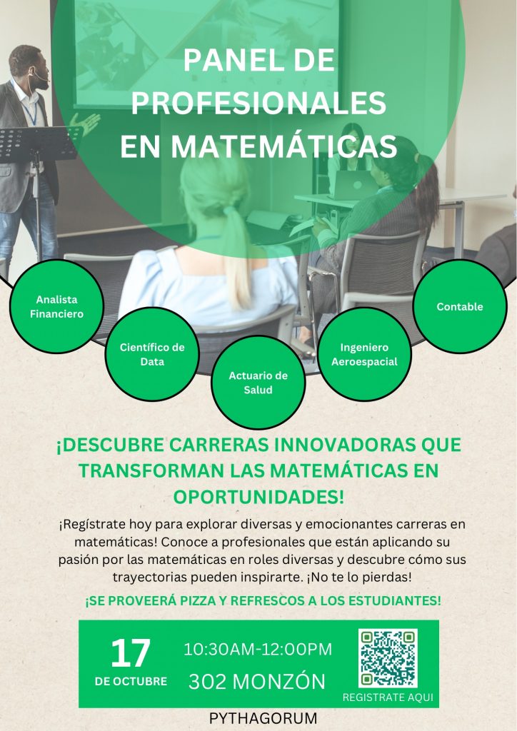 Flyer de promoción para la actividad: Panel de profesionales en matemáticas