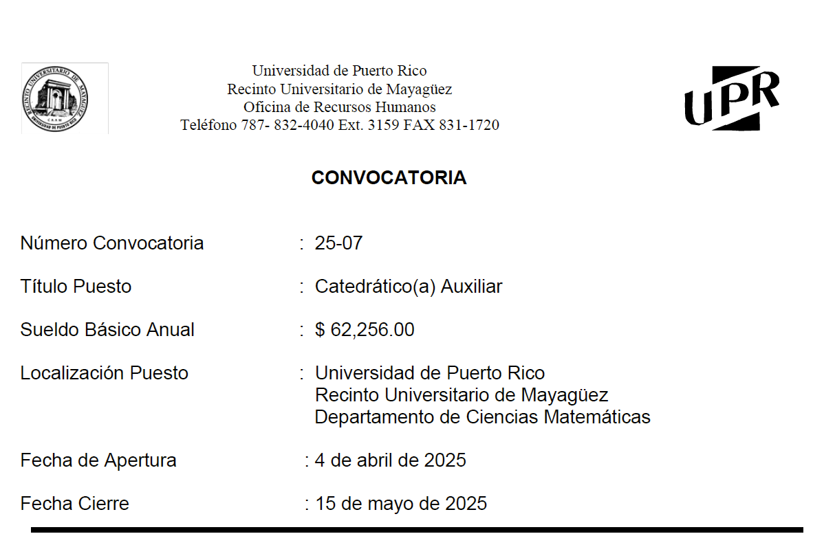 Job Announcement – núm. 25-07 – Assistant Professor / Convocatoria – Catedrático (a) Auxiliar