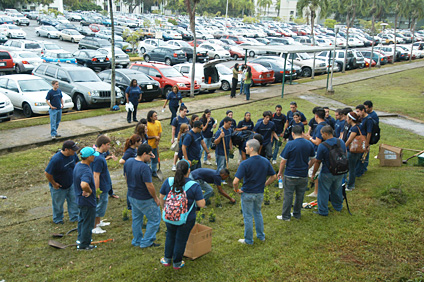 Los participantes sembraron arbolitos para formar un 350 en los alrededores del estacionamiento de área blanca.