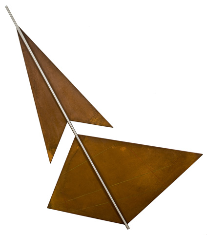 Teorema de Desargues, trabajado en acero negro oxidado, acero inoxidable y lápiz de color.