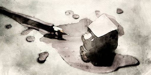 old fashioned pen with a glass of spilled black ink in watercolors