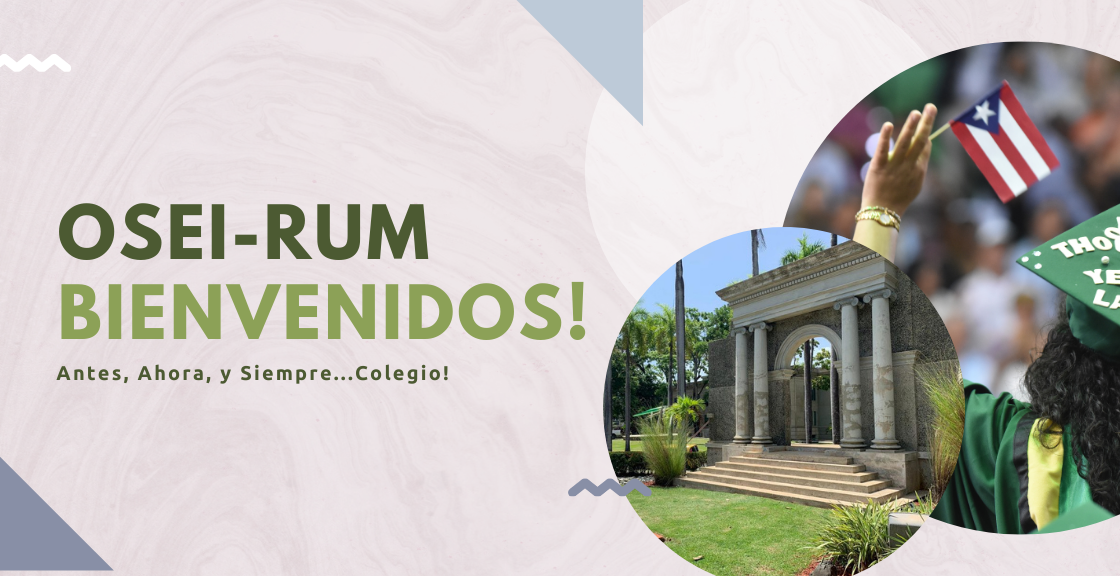 Concepto con el pórtico del RUM y estudiante ataviada con toga sujetando la bandera de Puerto Rico