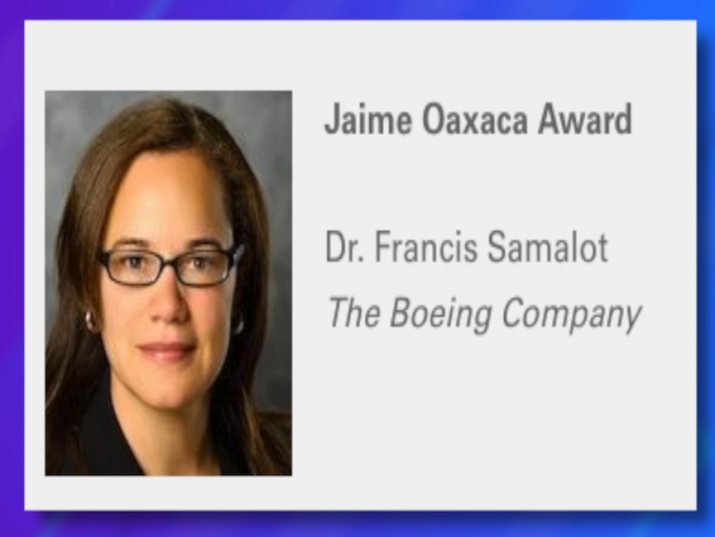 La doctora Francis Samalot, egresada del Departamento de Ingeniería Mecánica del Recinto Universitario de Mayagüez (RUM), recibió el reconocimiento Jaime Oaxaca por parte de la Society of Hispanic Professional Engineers (SHPE). (Suministrada)