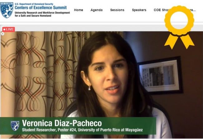 La colegial Verónica Díaz Pacheco, recién graduada de la maestría del Departamento de Ingeniería Industrial del RUM, obtuvo el tercer lugar con su afiche de investigación titulado Individual Emergency Response and Recovery: A Learning Experience from Hurricane María, en la competencia del 2021 DHS Centers of Excellence Summit. (Suministrada)
