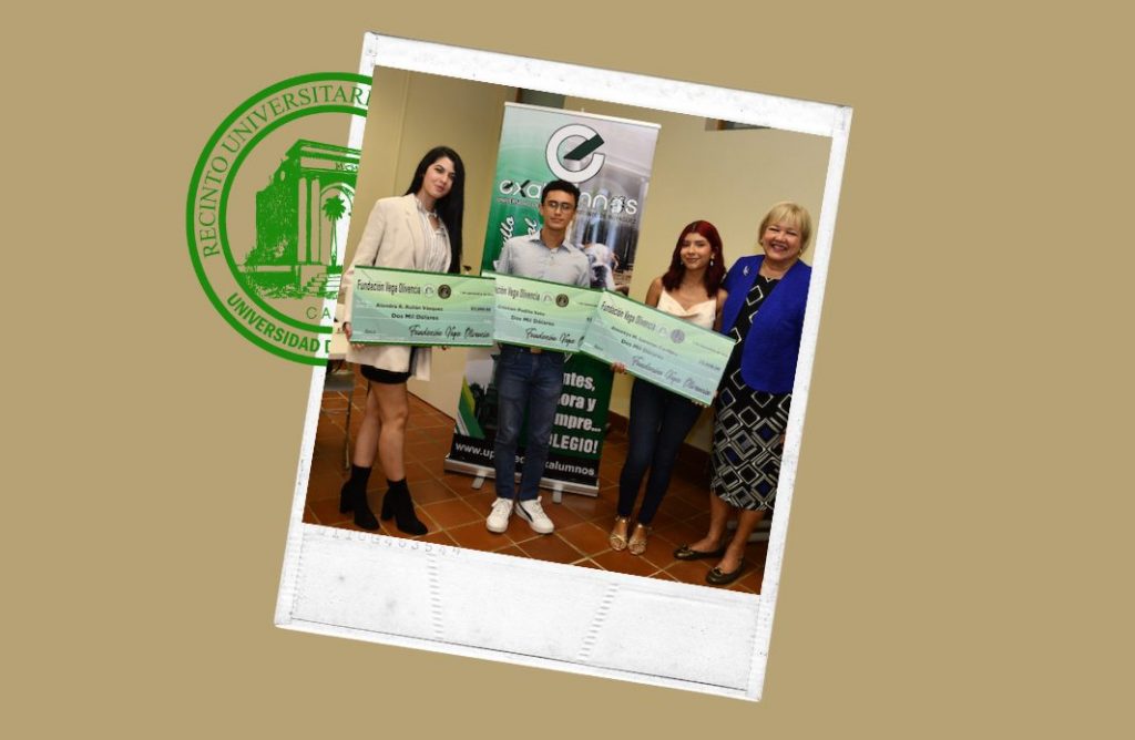 La Fundación Vega Olivencia entregó las becas correspondientes a este año académico a tres estudiantes del Departamento de Química del Recinto Universitario de Mayagüez (RUM) de la Universidad de Puerto Rico (UPR). Alondra R. Rullán Vázquez, Anneirys M. Lorenzo Cardona y Cristian Padilla Soto, recibieron $2 mil dólares cada uno, de parte de la gestora de esta iniciativa, la doctora Carmen A. Vega Olivencia, en su misión de apoyar a los colegiales para que logren completar con éxito su bachillerato.