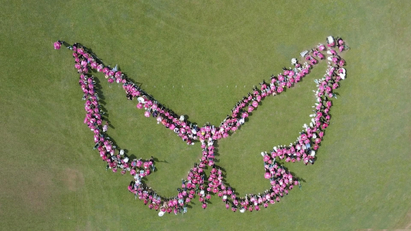 Foto aérea de los participantes en la Marcha vestidos de rosa y formando la figura de una mariposa en el campo atlético del RUM.