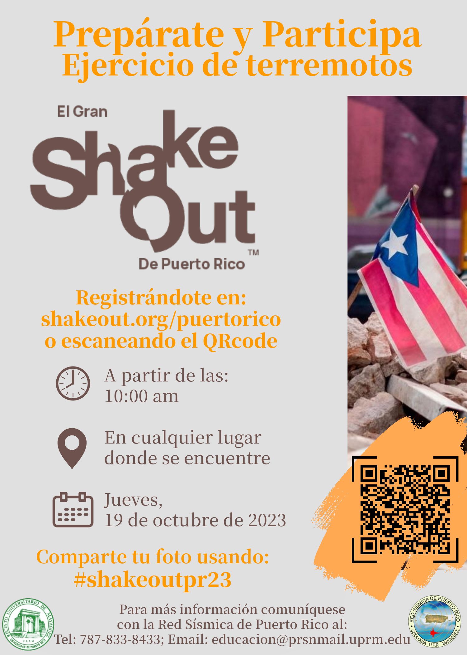 Afiche de promoción del Gran Shake Out, ejercicio de simulacro de terremoto a llevarse a cabo el 19 de octubre de 2023 a las 10:00 a.m.