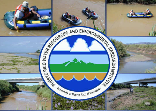 Logo del Instituto de Investigaciones en Recursos de Agua y Ambiente, al centro, y alrededor fotos pequeñas de lagos, ríos y cuerpos de agua en Puerto Rico.