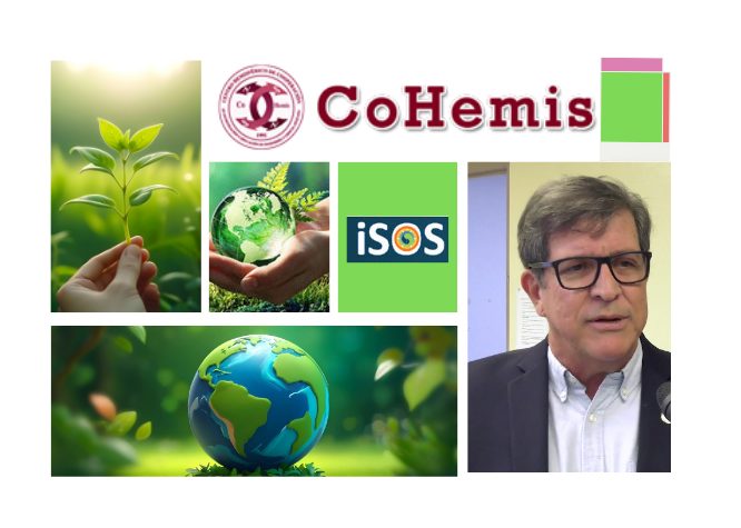 Gráfica con varias fotos de conceptos amigables al ambiente, junto a los logos de CoHemis e Ingeniería de la Sostenibilidad y la foto del Dr. Iván Baigés.