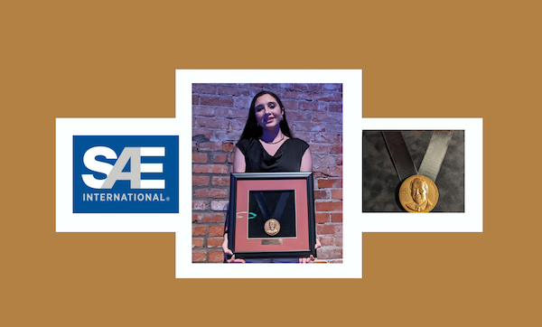 Minimalist Family Three Photo Collage – 1 Foto de Adriana en el centro junto al logo de la SAE y la medalla que recibió.