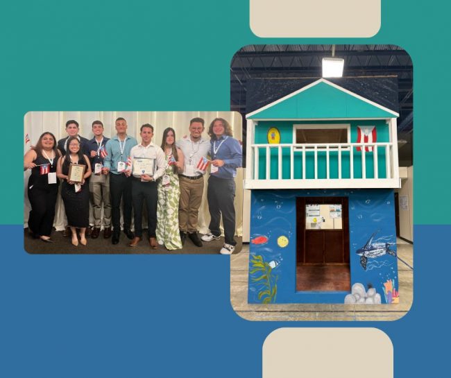 Portada Timber Equipo de estudiantes del Recinto Universitario de Mayagüez que obtuvo el primer lugar en la competencia Timber Strong Design Build, de pie con sus premios y banderas de Puerto Rico, a la izquierda y a la derecha imagen de la casa que construyeron.