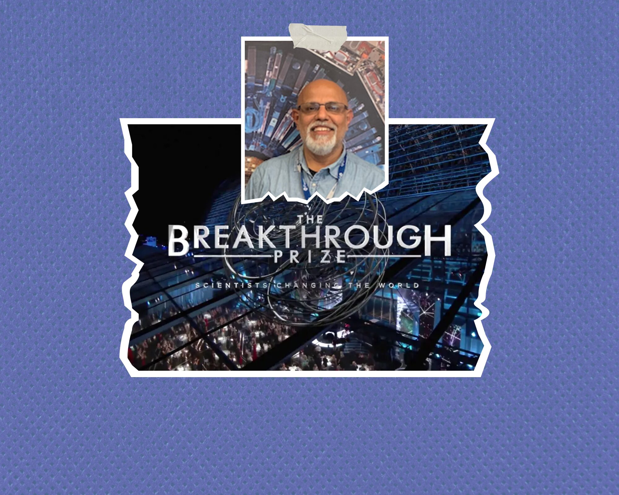 Foto de perfil del doctor Sudhir Malik arriba del logo del premio que recibió del Breakthrough Foundation