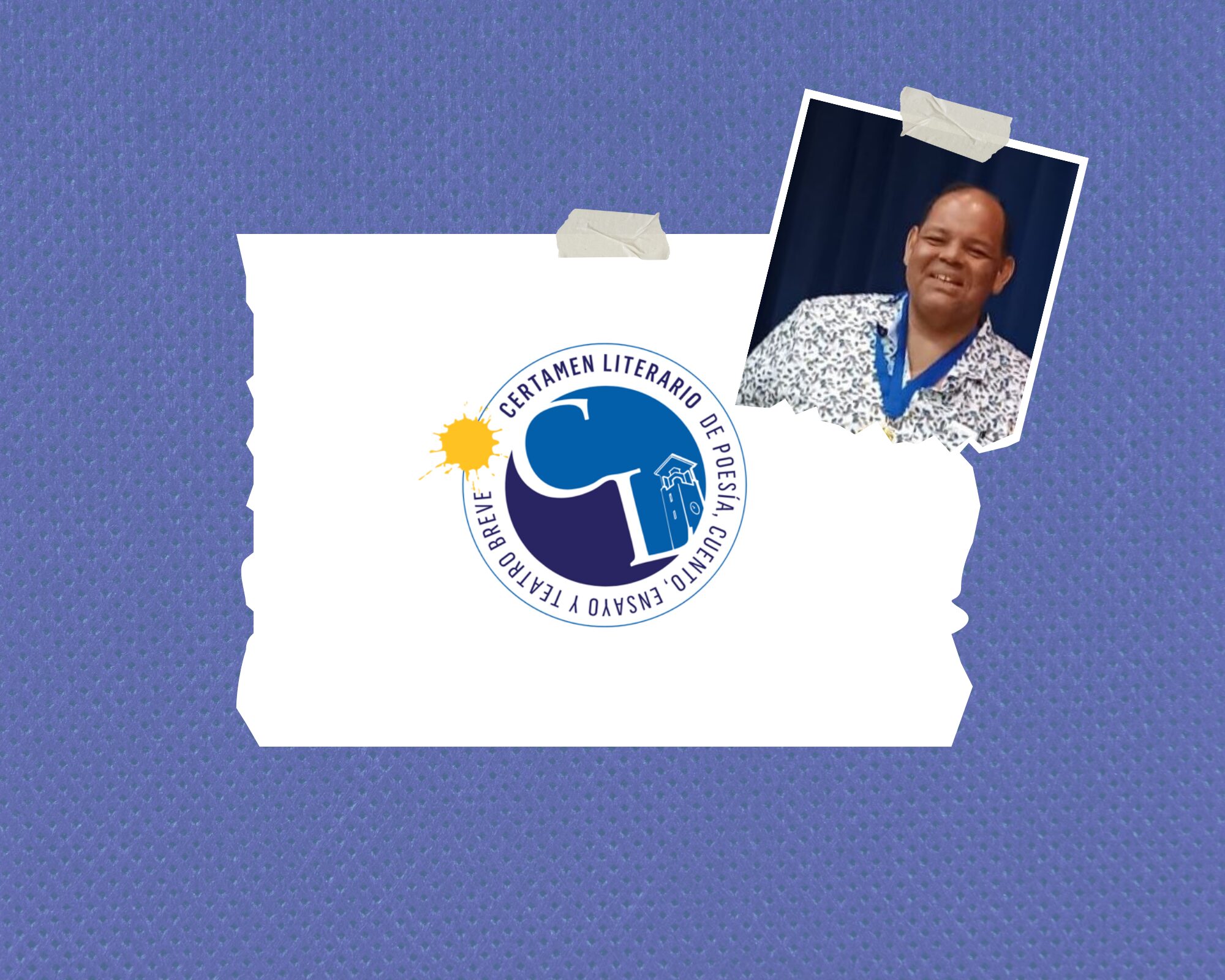 Foto de rostro del doctor Julio César Hernández al lado del logo del Certamen Literario que lo premió