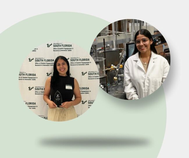 Blue Modern Business Workshop Facebook Post Fotos de Ariana Albaladejo a la izquierda y Jeranys Ramos, derecha, dentro de dos círculos en fondo verde y blanco.