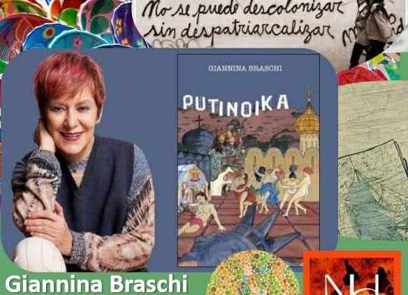 Foto de la escritora puertorriqueña Giannina Braschi y la portada de libro titulado Putinoika.