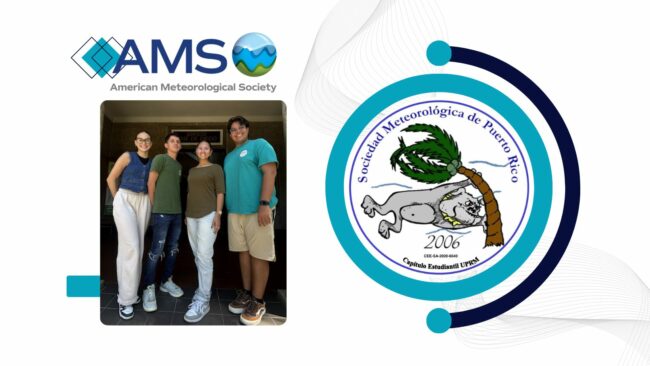 Portada Arte con la foto de Paola C. González Torres, Jomar López Molina, Támesis L. Cordero Pérez y Xamyr A. Guerrero Cortés, todos integrantes del capítulo estudiantil de la American Meteorological Society. Arriba de la foto, el logo de la entidad, y a la derecha el logo de la asociación estudiantil.