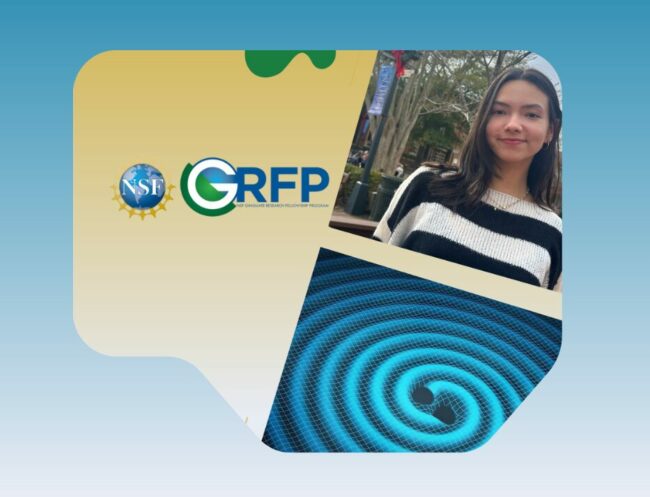 Diseño gráfico con tres imágenes sobre un fondo azul claro. A la derecha, una foto de Viviana Cáceres Barbosa, egresada del Recinto Universitario de Mayagüez, quien obtuvo la prestigiosa beca Graduate Research Fellowship de la NSF. A la izquierda, el logo de la beca de NSF; y abajo una imagen de ondas gravitacionales de Fisica.