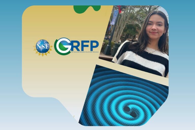 Diseño gráfico con tres imágenes sobre un fondo azul claro. A la derecha, una foto de Viviana Cáceres Barbosa, egresada del Recinto Universitario de Mayagüez, quien obtuvo la prestigiosa beca Graduate Research Fellowship de la NSF. A la izquierda, el logo de la beca de NSF; y abajo una imagen de ondas gravitacionales de Fisica.