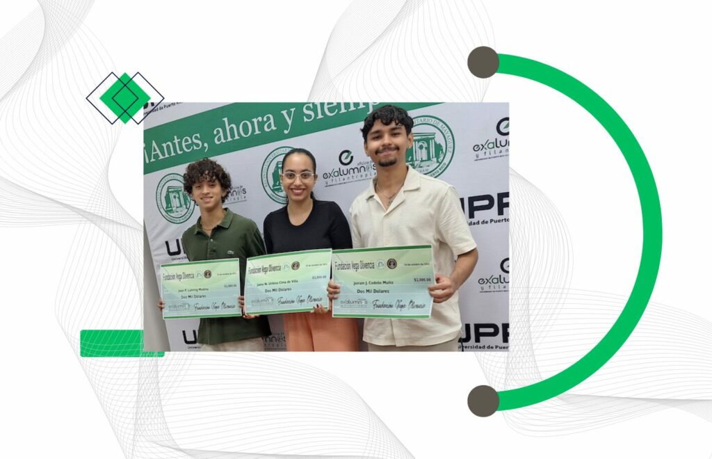 Los colegiales Jeiram J. Cedeño Muñiz, Jamy N. Urbina Cima de Villa y Jean P. Luhring Medina, del Departamento de Química del Recinto Universitario de Mayagüez (RUM), se convirtieron en los más recientes ganadores de la beca de la Fundación Vega Olivencia, en la entrega correspondiente al corriente semestre académico, como apoyo a estudiantes de esa disciplina científica durante su carrera académica. Los jóvenes recibieron dos mil dólares cada uno de parte de la fundadora y creadora de este esfuerzo, la doctora Carmen Vega Olivencia.