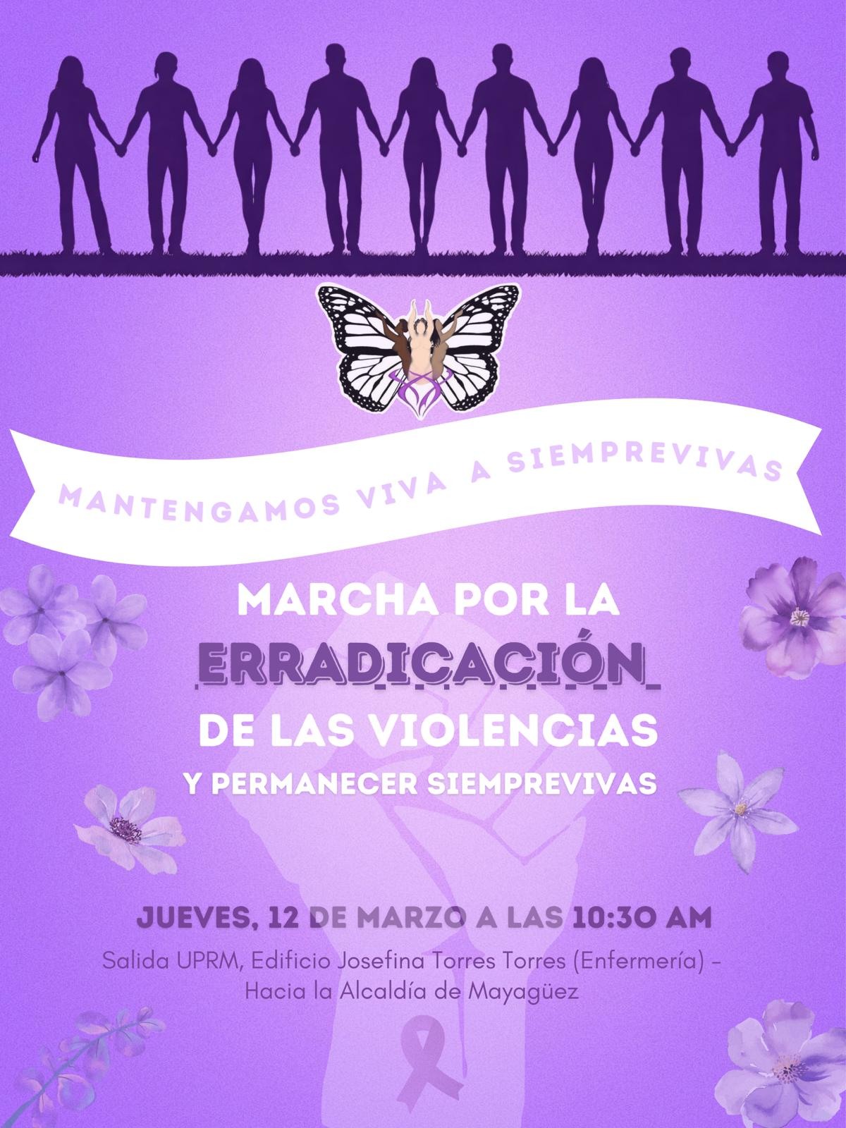 Marcha organizada por Siempre Vivas del RUM (UPRM), que muestra siluetas agarradas de mano para concienciar sobre las víctimas y sobrevivientes de la violencia de género.