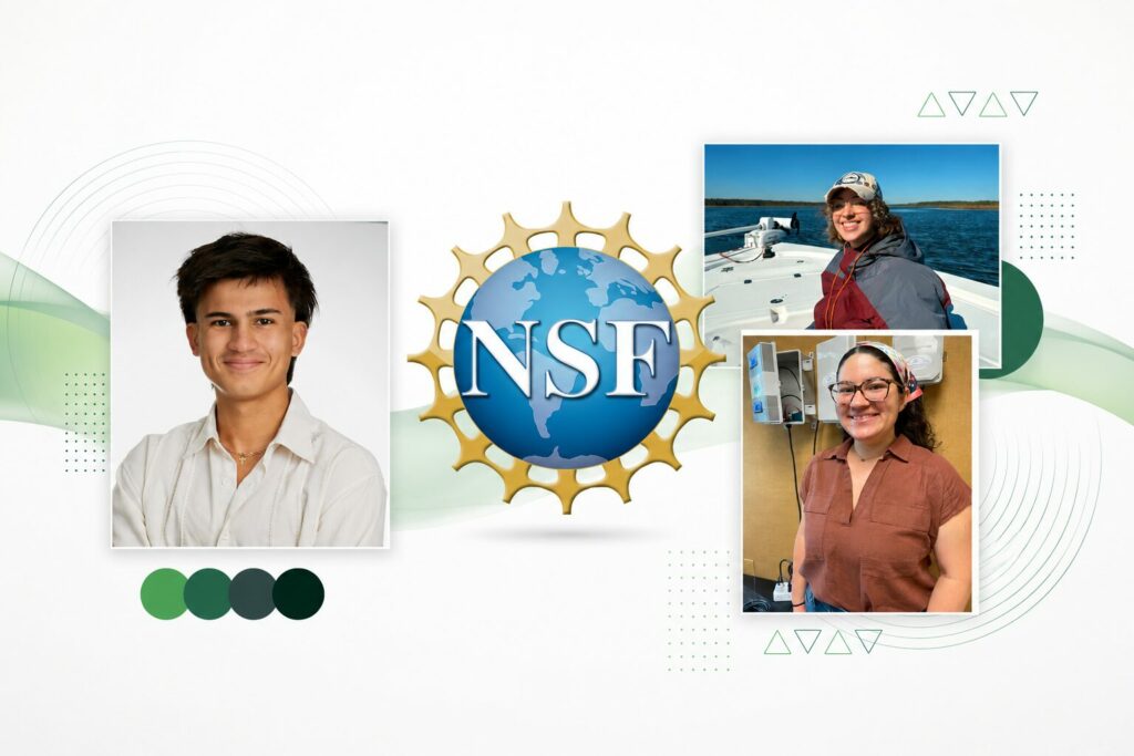 Concepto artístico con las fotos de los estudiantes Lucas A. Lisondo di Tada, Andrea N. Belvis Aquino y Amanda B. Meléndez Perez, del Recinto Universitario de Mayagüez. ganadores de la beca Graduate Research Fellowship Program que otorga la Fundación Nacional de las Ciencias, cuyo logo también está en el arte.