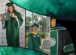 Imágenes de Brenda Cintrón con su toga y diploma de maestría. A la derecha, una toga de doctorado.