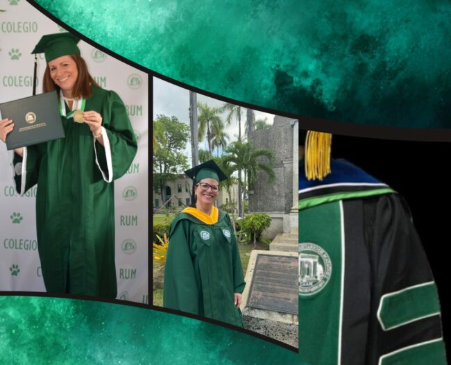Imágenes de Brenda Cintrón con su toga y diploma de maestría. A la derecha, una toga de doctorado.