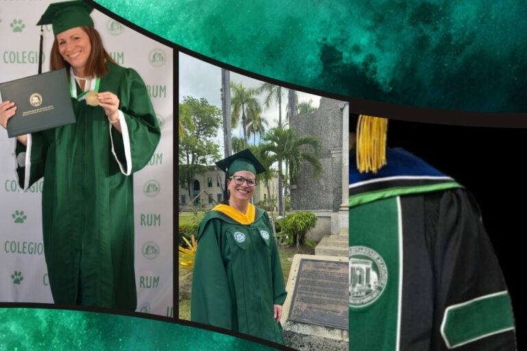 Imágenes de Brenda Cintrón con su toga y diploma de maestría. A la derecha, una toga de doctorado.