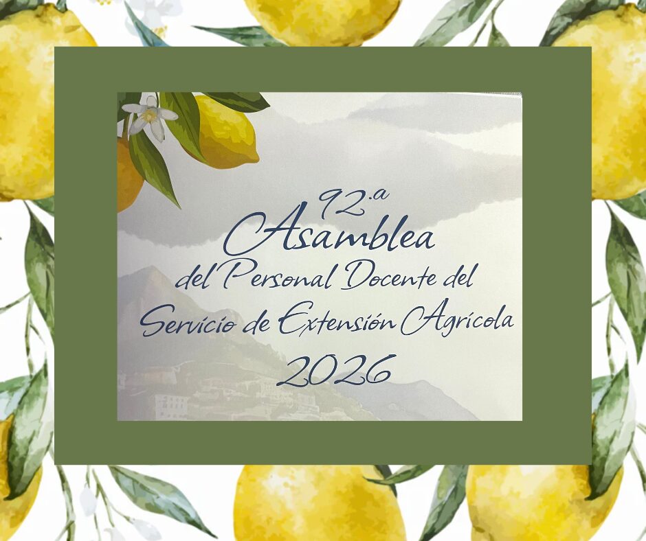 Diseño gráfico de un cuadro con bordes verdes con el título de la Asamblea Docente del Servicio de Extensión Agrícola. En el fondo un diseño de limones amarillos y hojas.
