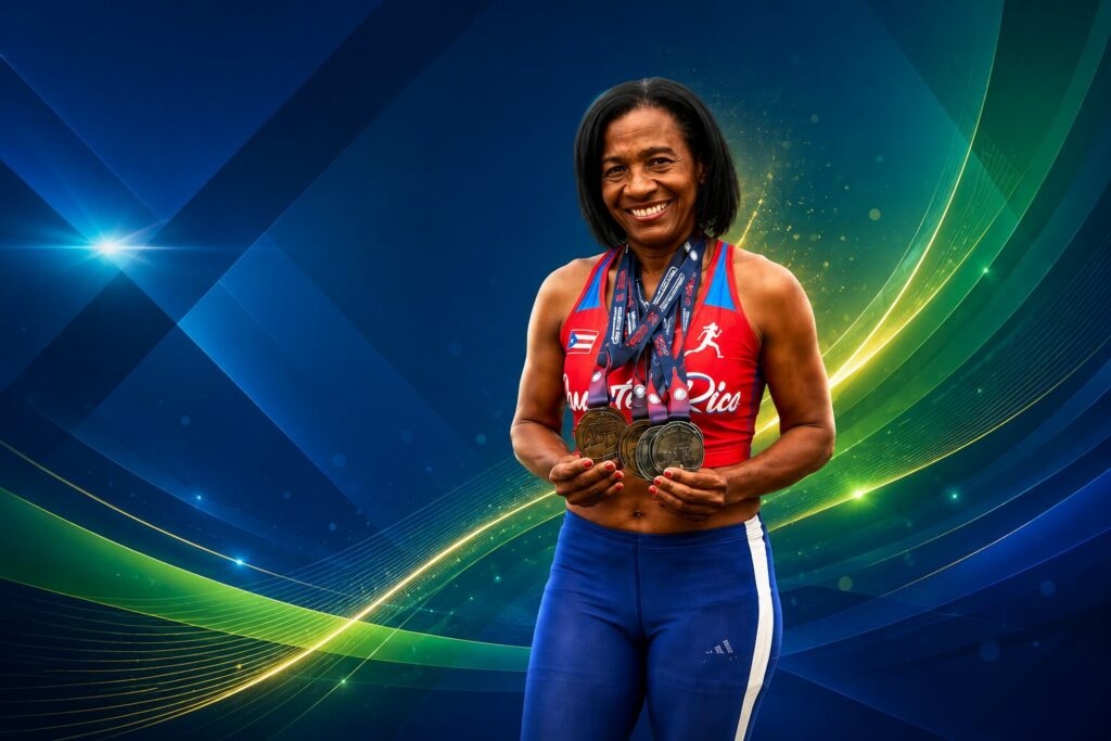 Foto de la atleta Nilsa París con sus medallas. Fondo con diseños de colores azul, verde y amarillo.