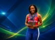 Foto de la atleta Nilsa París con sus medallas. Fondo con diseños de colores azul, verde y amarillo.