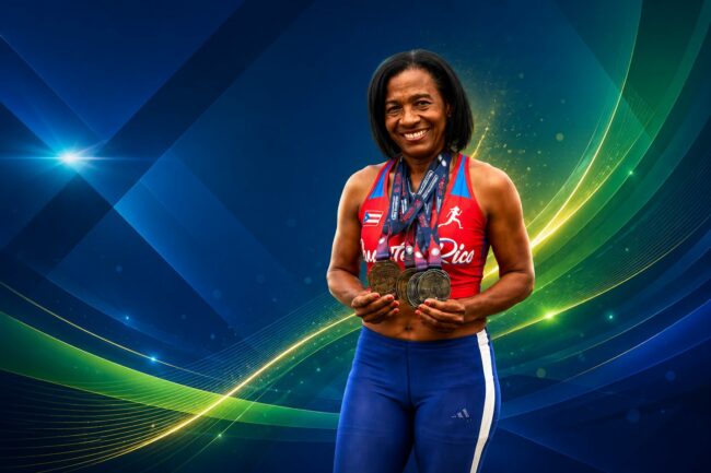 Nilsa Foto de la atleta Nilsa París con sus medallas. Fondo con diseños de colores azul, verde y amarillo.
