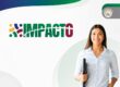 Logo del proyecto Impacto en colores, arriba a la izquierda y a la derecha foto de joven mujer sosteniendo una libreta.
