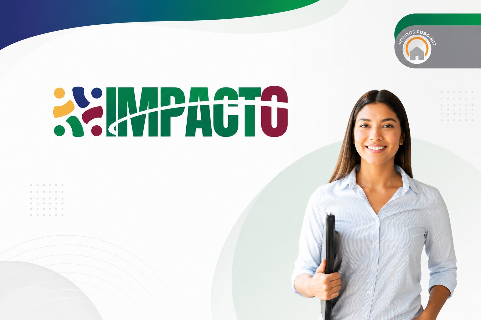Portada Impacto Logo del proyecto Impacto en colores, arriba a la izquierda y a la derecha foto de joven mujer sosteniendo una libreta.