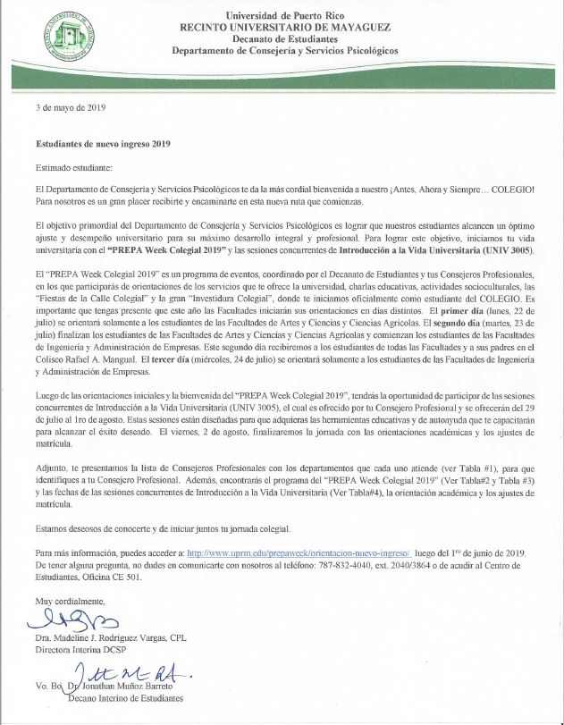 Carta de Bienvenida – Días de Orientación